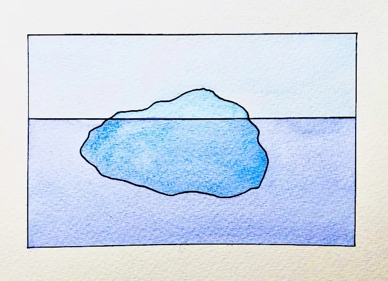 A watercolour of an iceberg floating with its long axis parallel to the water